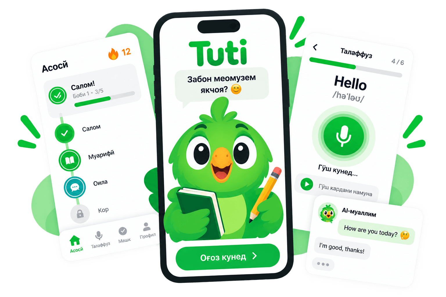 Экранҳои барномаи Tuti: роҳи дарсҳо, талаффуз ва муаллими AI